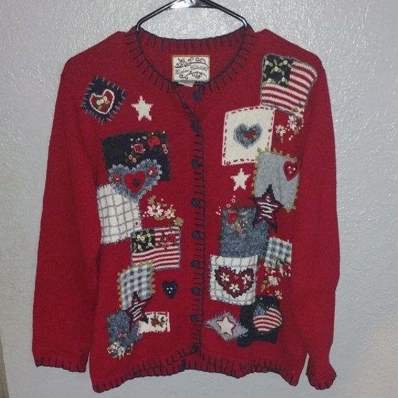 Heirloom Collectibles Knit Red Patchwork Patriotic Cardigan Cotton Blend S - Picture 1 of 8
